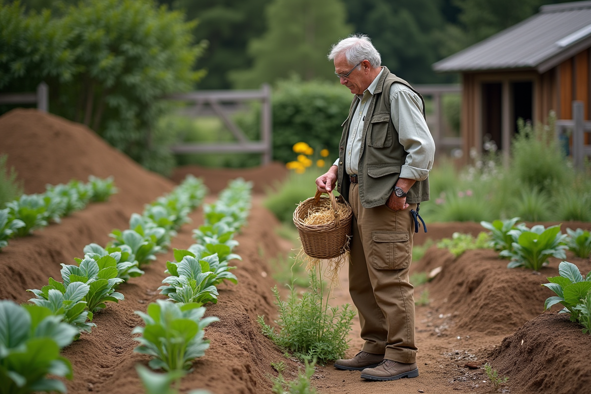 Homme âgé dans un jardin permaculture avec paillage