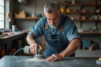 Homme en overalls ponçant une surface métallique dans un atelier