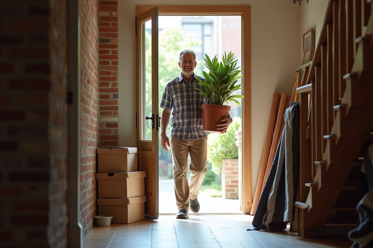 Homme souriant portant une plante dans un couloir urbain