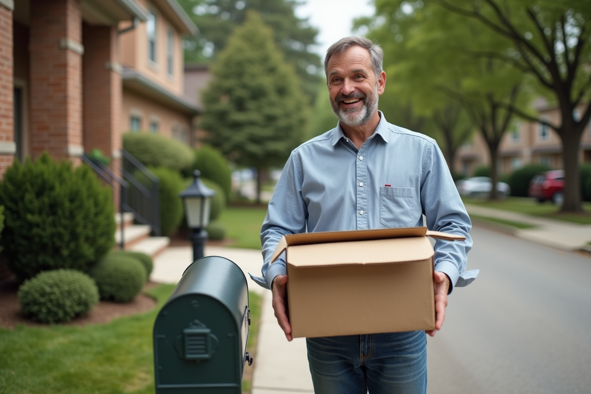 Homme ouvrant un colis devant sa maison dans un quartier résidentiel