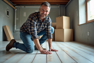 Homme inspectant un sol en vinyle dans un sous-sol rénové