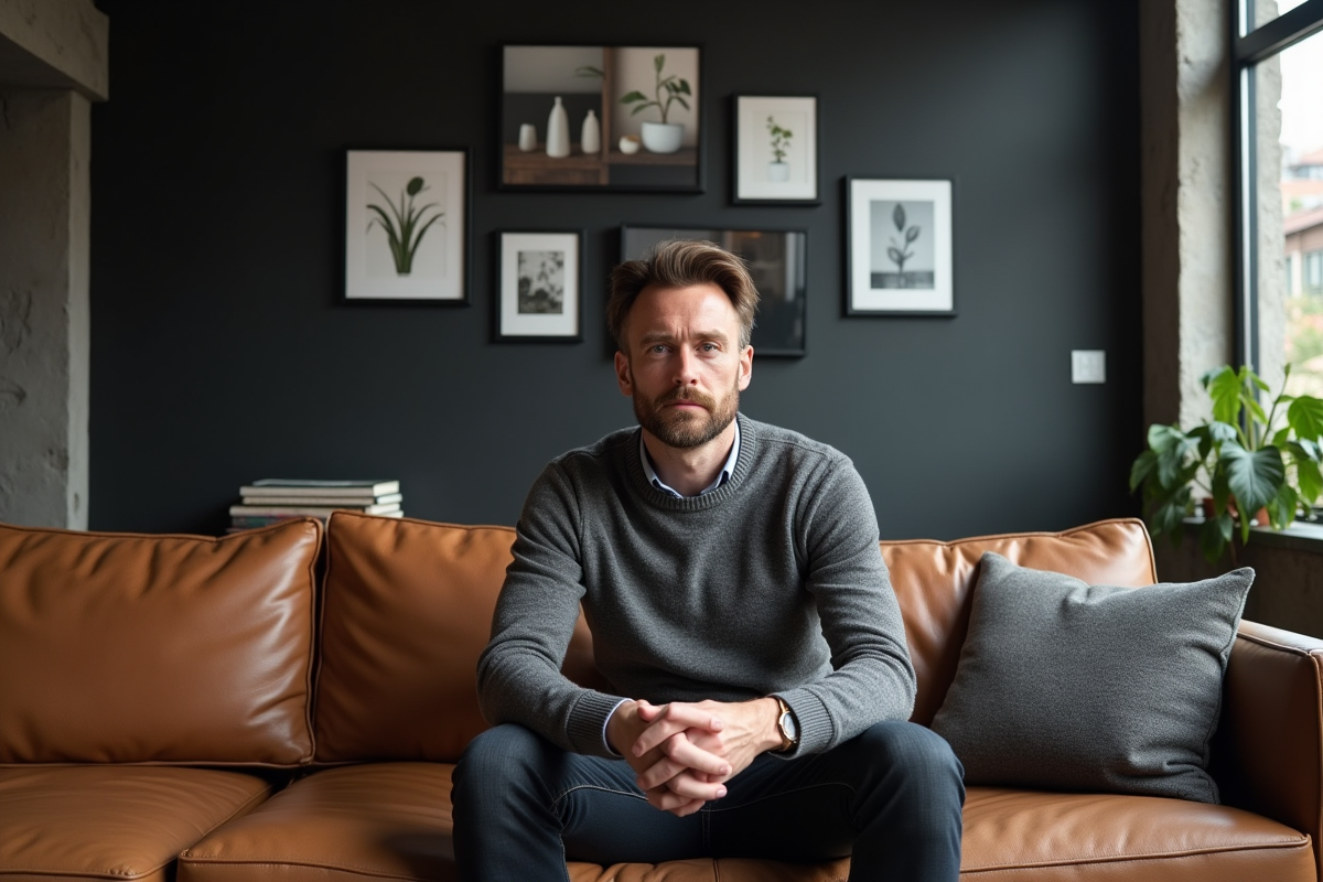 Homme en pull gris assis dans un salon loft moderne