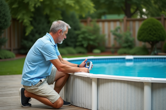 Homme vérifiant la température d'une piscine hors sol en été