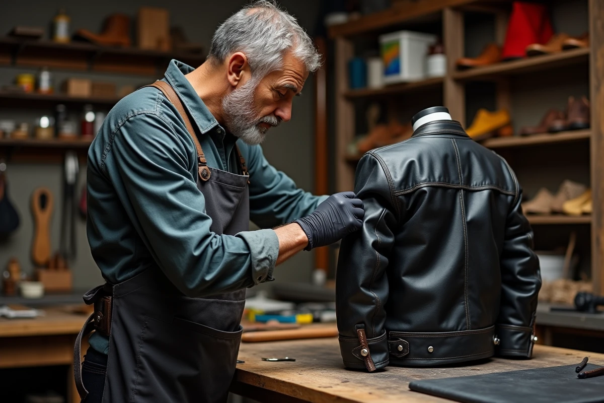 Homme inspectant une veste en cuir dans un garage