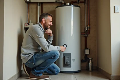 Homme v&eacute;rifiant la pression d'un chauffe-eau moderne dans une pi&egrave;ce technique