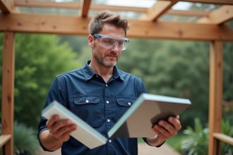 Homme comparant panneaux en polycarbonate et verre lors d'une rénovation