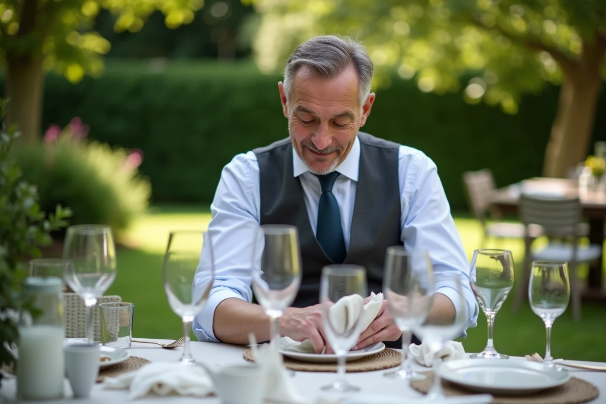 Homme en ext&eacute;rieur polissant un verre &agrave; vin dans un jardin verdoyant