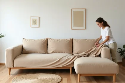 Femme ajustant une housse de canapé méridienne sur-mesure en lin beige dans un salon scandinave épuré