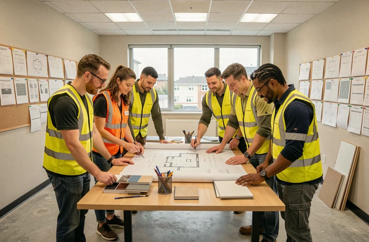 Équipe Imall Group réunie autour d'une table de planification de chantier