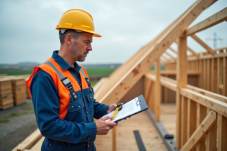 Ingénieur en construction vérifiant l'espacement des fermes en extérieur