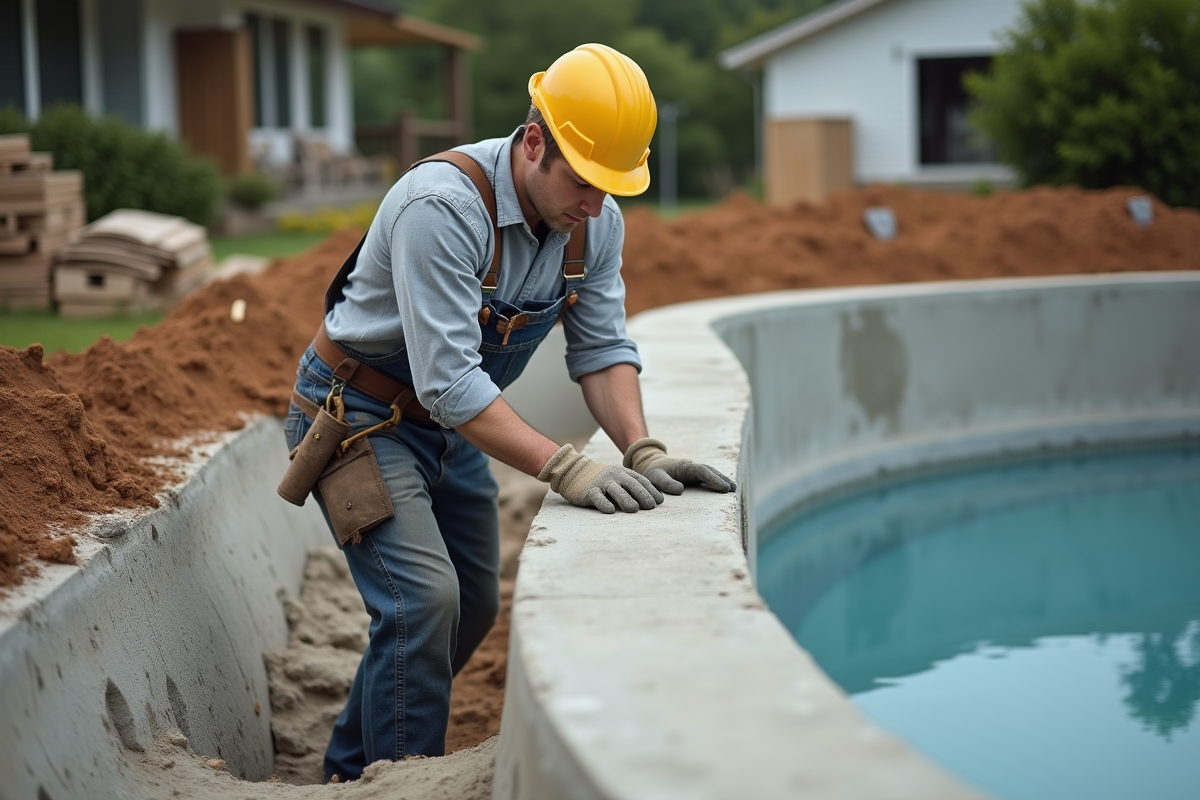 Jeune professionnel inspectant la coque de la piscine en gunite