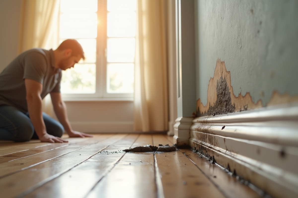 Propriétaire examinant une tache d'humidité au mur intérieur