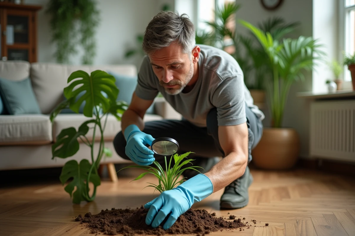 Homme inspectant le sol d'une plante d'intérieur pour détecter et traiter les petites bêtes noires avec des méthodes naturelles