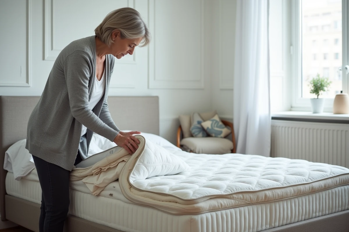 Femme inspectant les coutures et la structure interne d'un matelas Duvivier retourné pour vérifier sa qualité et éviter les erreurs d'entretien
