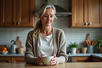 Femme inspectant une tasse ébréchée dans la cuisine