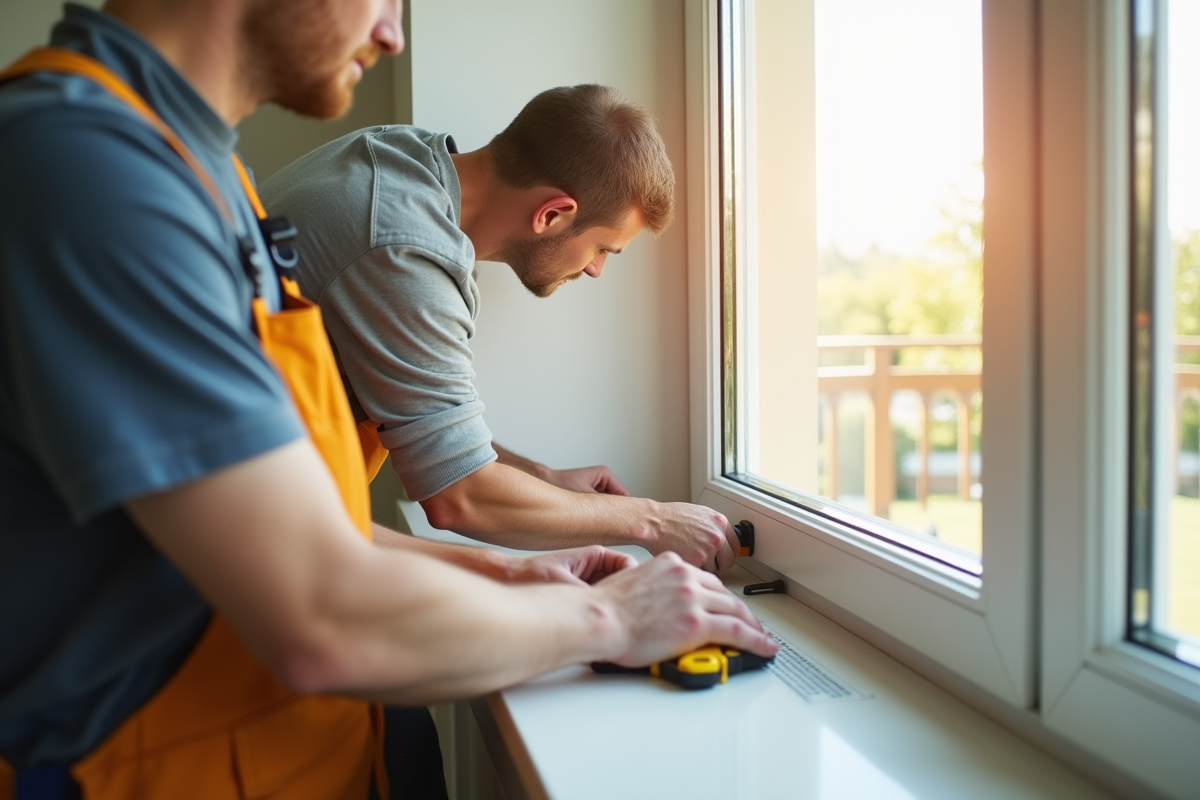 Installateur posant une fenêtre moderne dans un salon lumineux