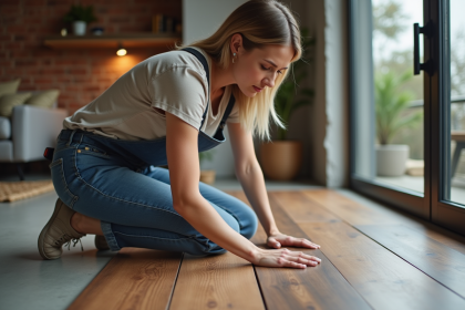 Femme posant du parquet en bois fonce dans un salon moderne