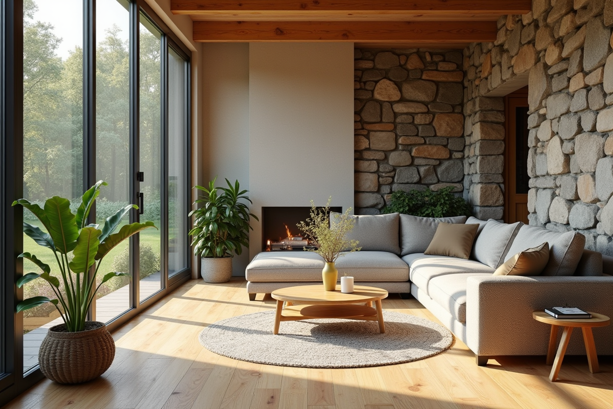 Intérieur cosy avec matériaux naturels et lumière naturelle