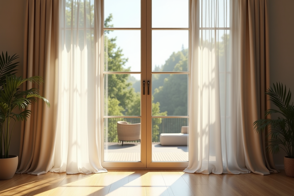 Intérieur moderne avec rideaux ouverts et lumière naturelle