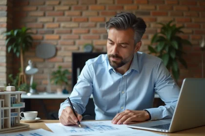 Investisseur immobilier consultant un devis de rénovation locative sur son bureau avec documents et plans d'appartement