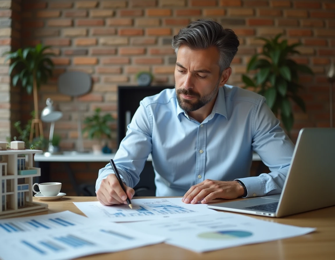 Investisseur immobilier consultant un devis de rénovation locative sur son bureau avec documents et plans d'appartement