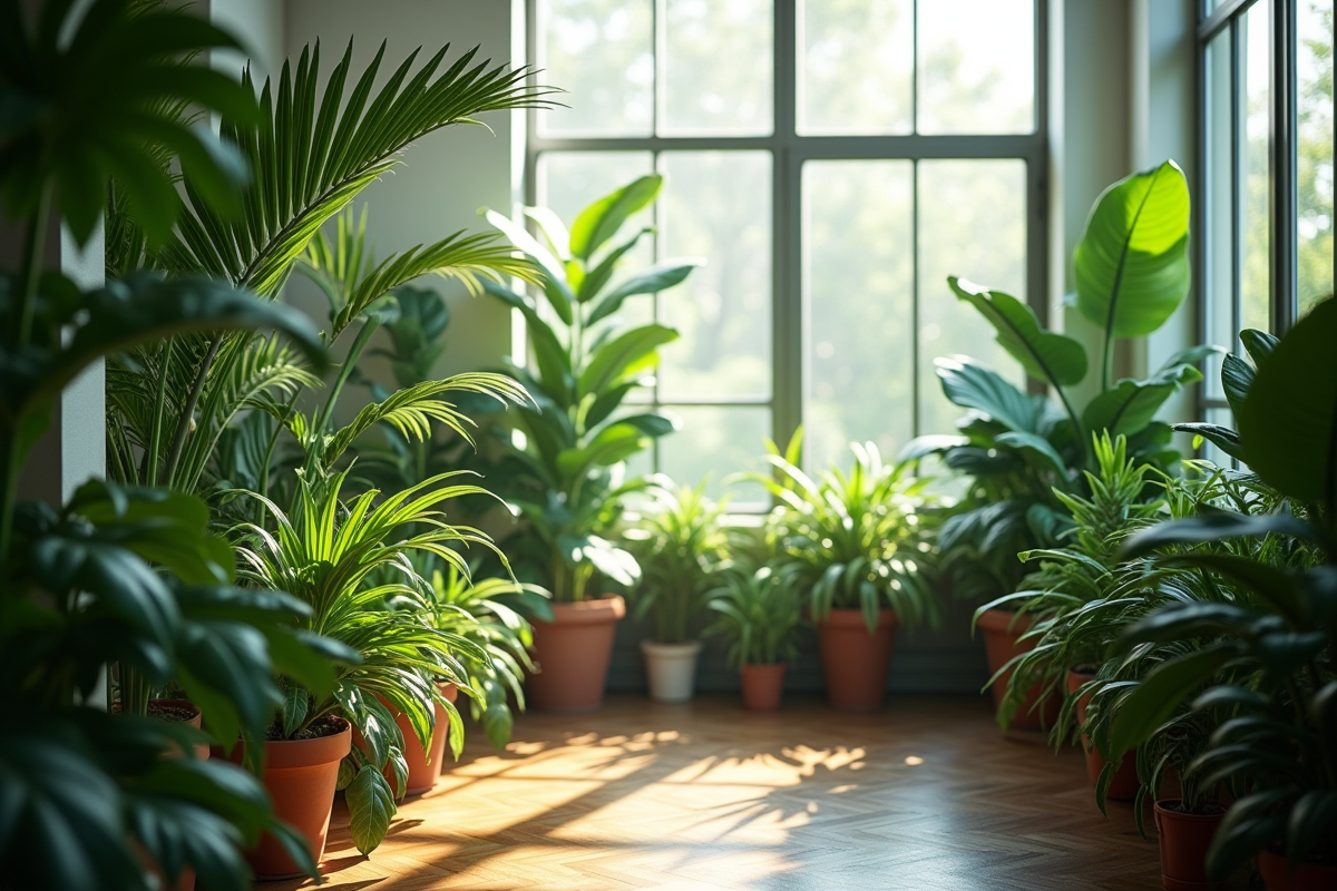 Espace intérieur vert avec plantes hautes et lumière naturelle