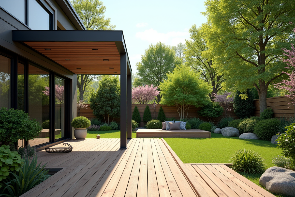 Jardin moderne avec pergola en bois ensoleillée