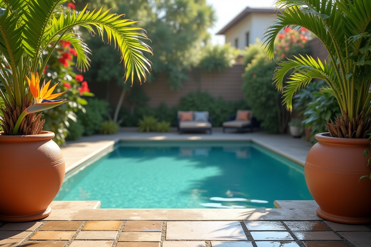 Piscine dans un jardin avec pots de palmiers et fleurs colorées