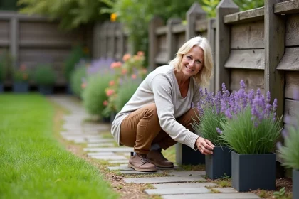 Femme d'&acirc;ge moyen en jardinage avec lavande et buxus