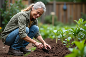 Femme d'âge moyen en jardinage dans un jardin luxuriant