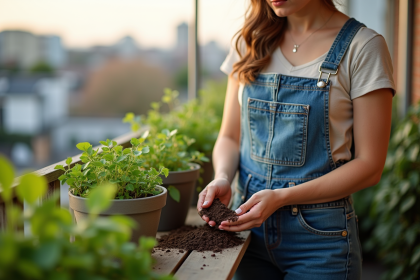 Femme en overalls déposant du compost sur des plantes vertes