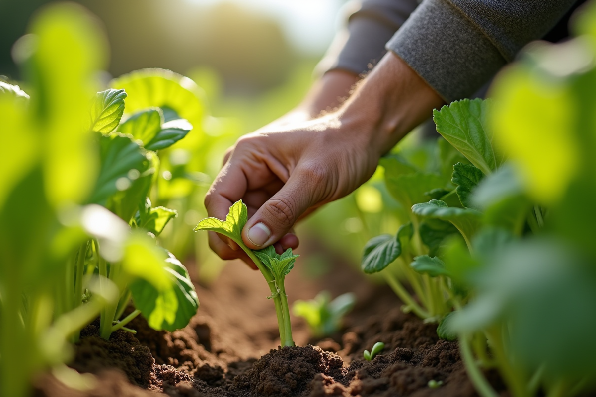 Jardinier retirant une plante parasite d'une culture saine en plein soleil