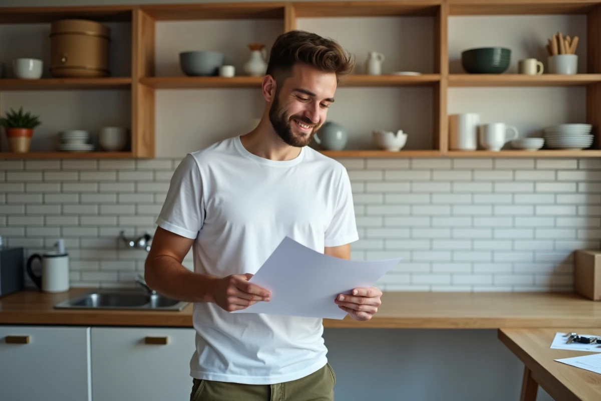 Jeune actif lisant un contrat d'assurance habitation dans sa nouvelle cuisine d'appartement