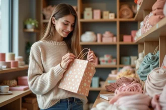 Jeune femme choisissant un sac cadeau dans une boutique de papeterie