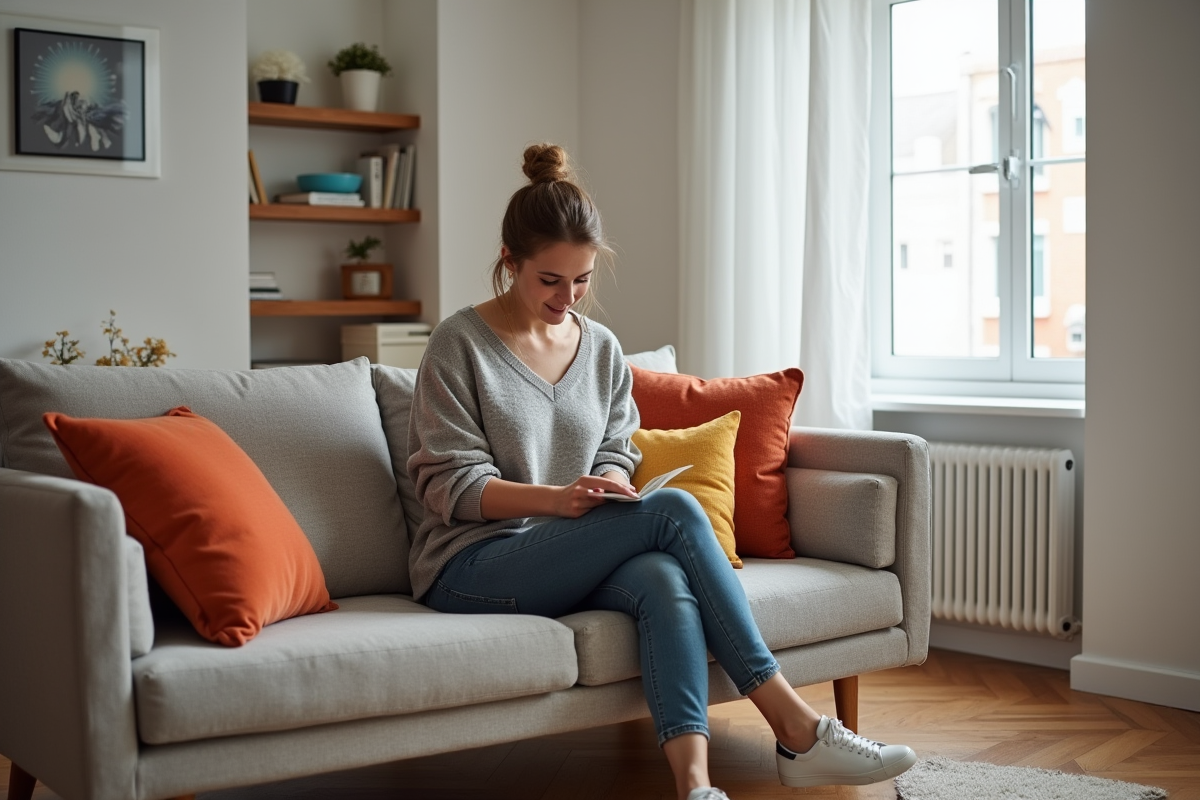 Jeune femme assise sur un canapé cosy dans un salon moderne