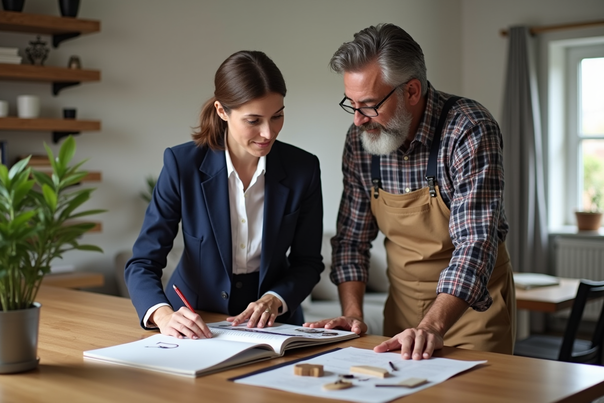 jeune femme professionnelle examine un portfolio avec un artisan