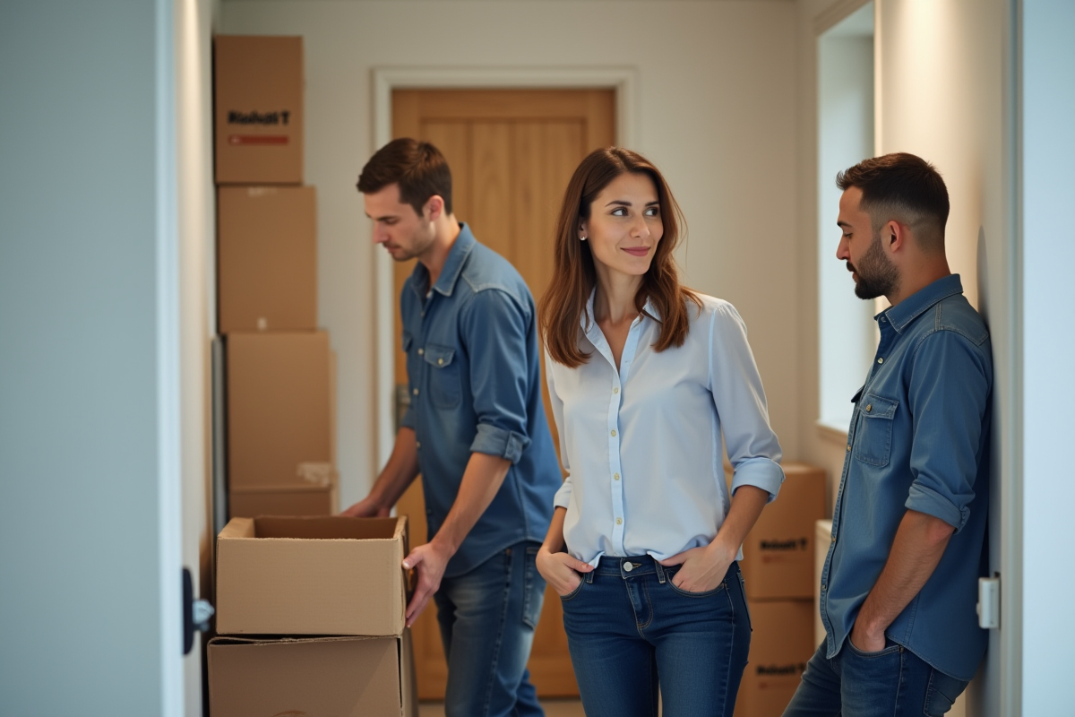 Jeune femme aidant à assembler un monte-piano dans un couloir moderne