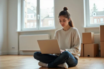 Jeune femme dans son premier appartement consultant des documents d'assurance sur son ordinateur portable