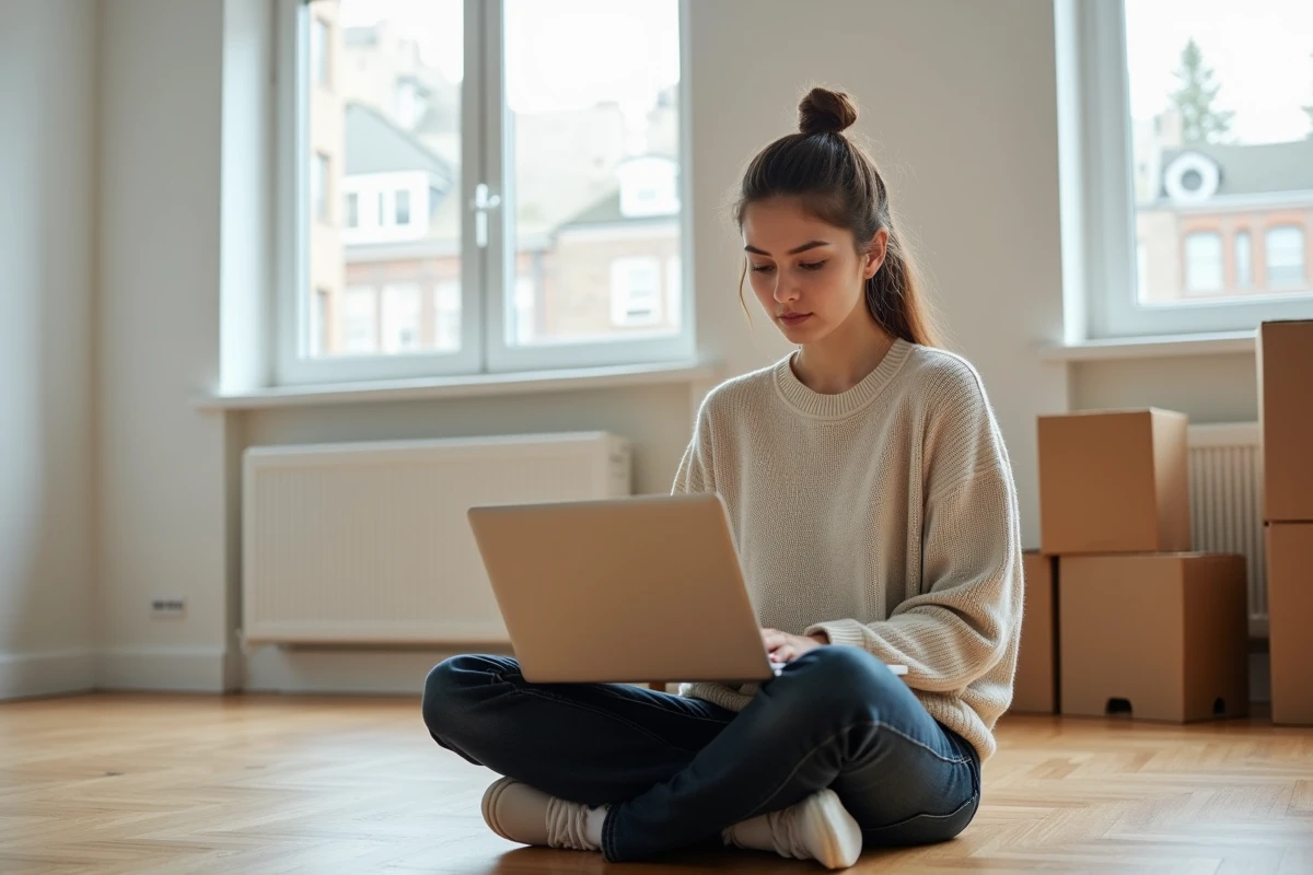 Jeune femme dans son premier appartement consultant des documents d'assurance sur son ordinateur portable