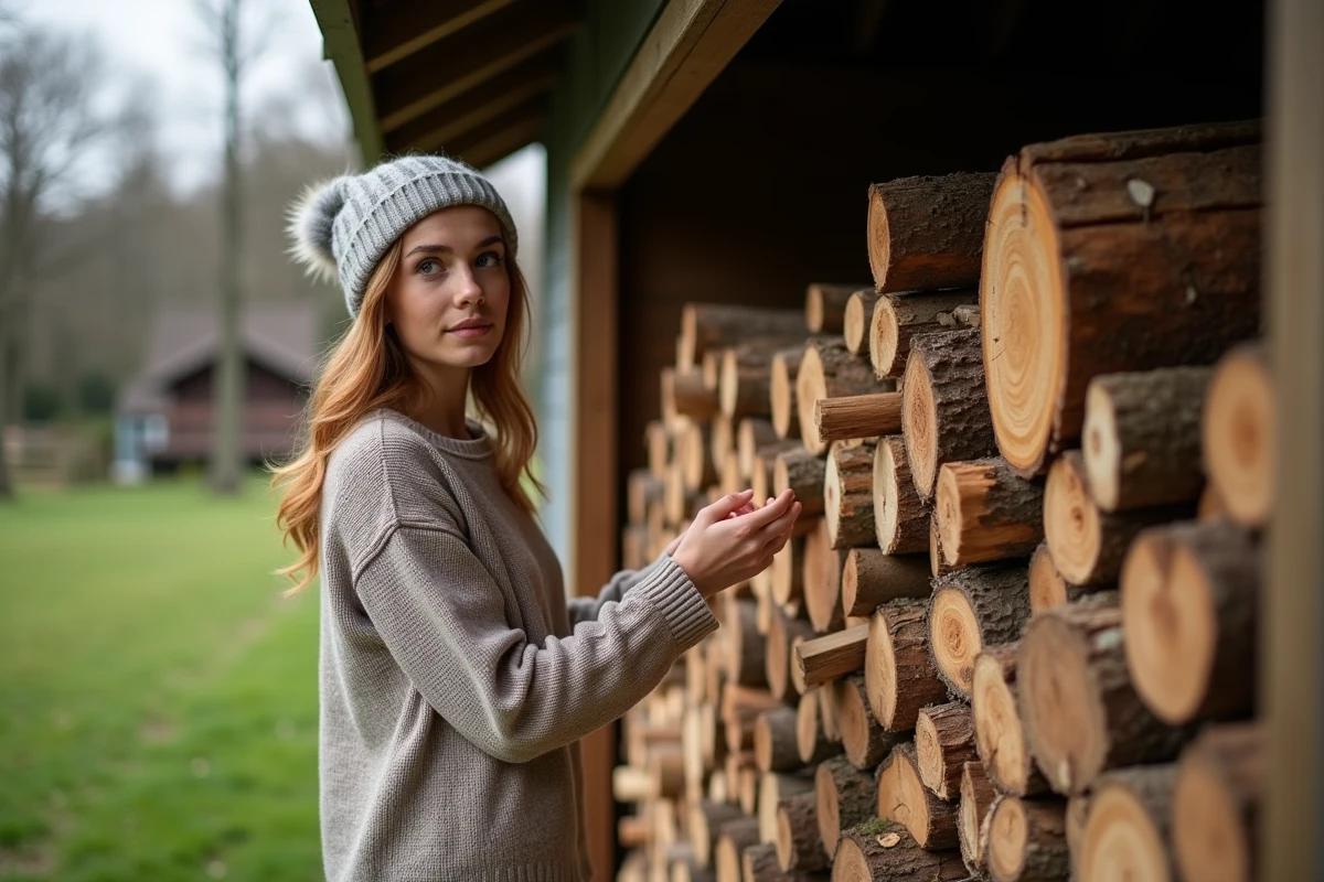 Jeune femme vérifiant une pile de bois dans un abri rural