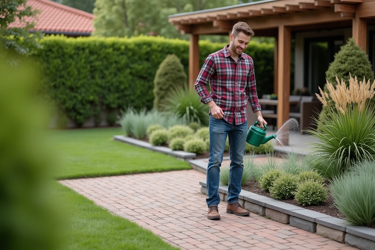 Jeune homme arrosant des plantes dans le jardin