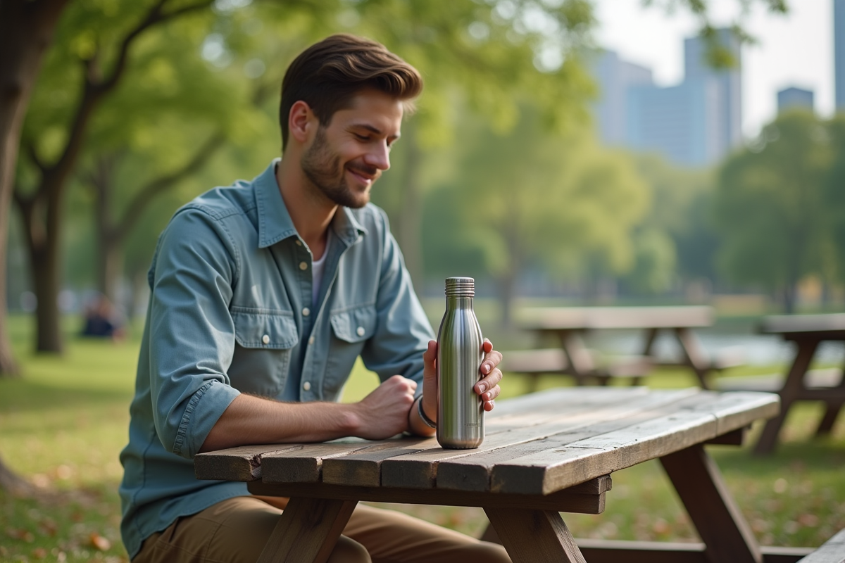 Jeune homme utilisant une bouteille d