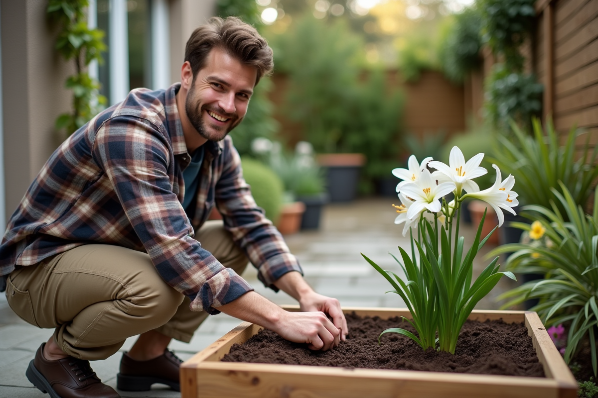 Jeune homme plantant un bulbe de lys dans un jardin urbain