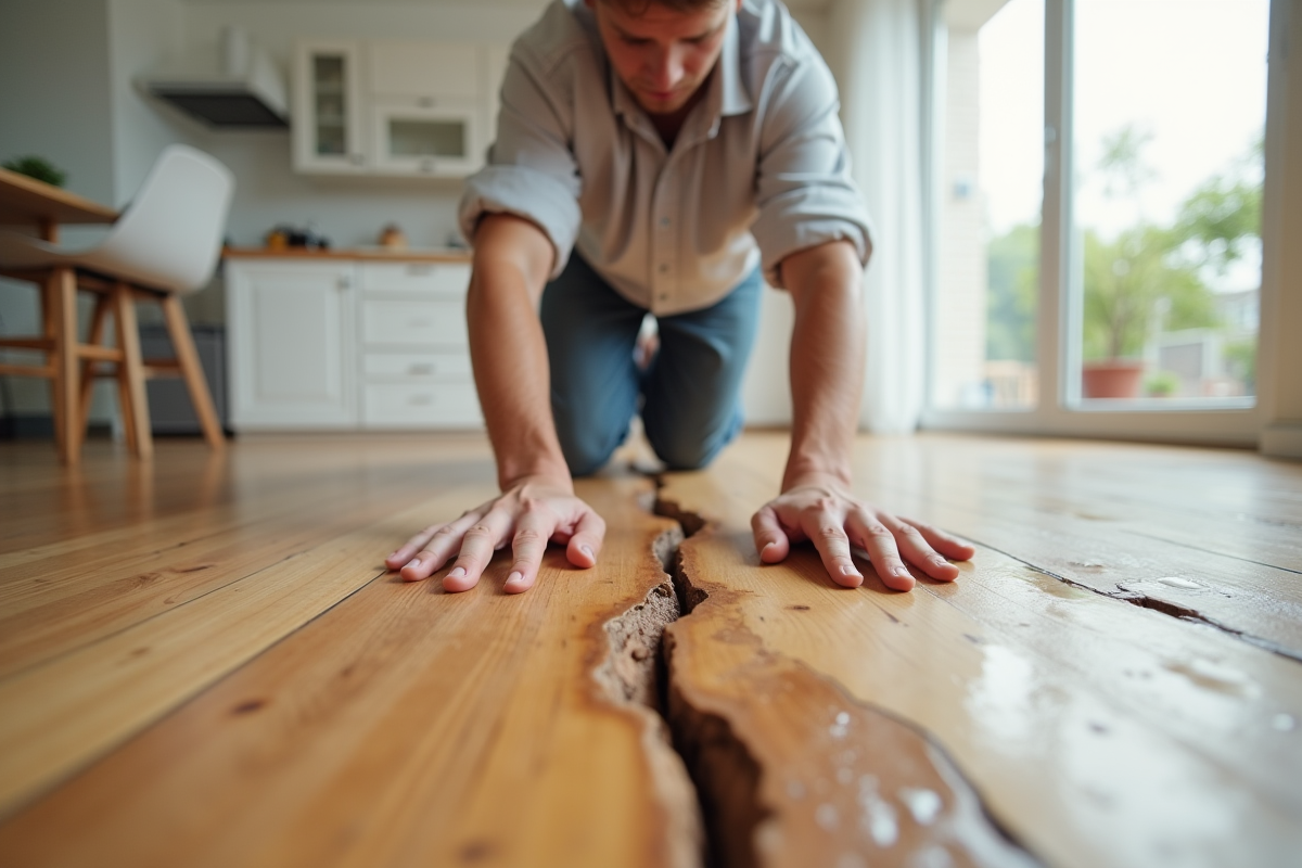 Jeune homme inspectant un parquet déformé dans un appartement lumineux