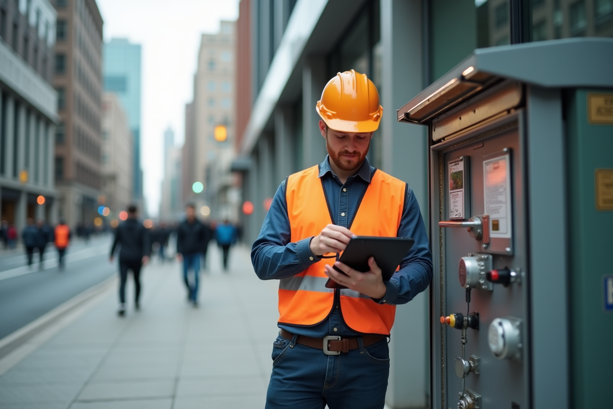 Jeune homme en uniforme vérifiant un boîtier électrique de lampadaire en ville