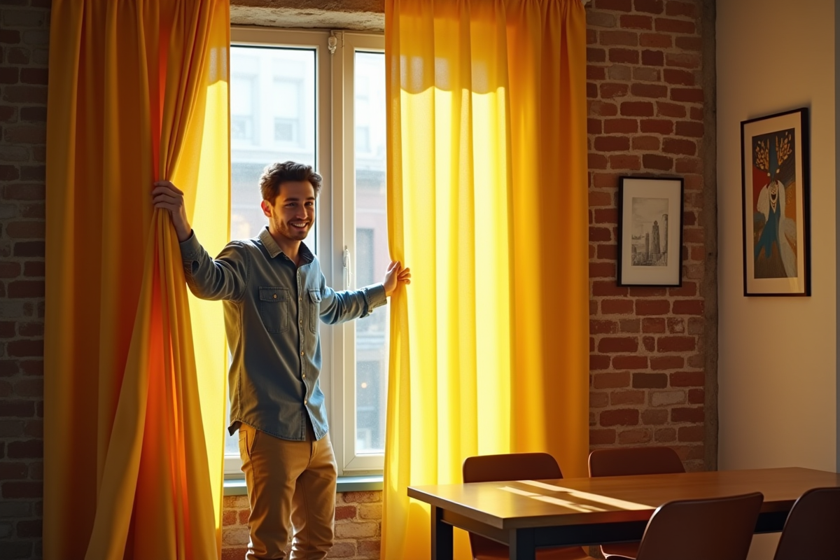 Jeune homme souriant avec rideaux jaunes dans une salle à manger