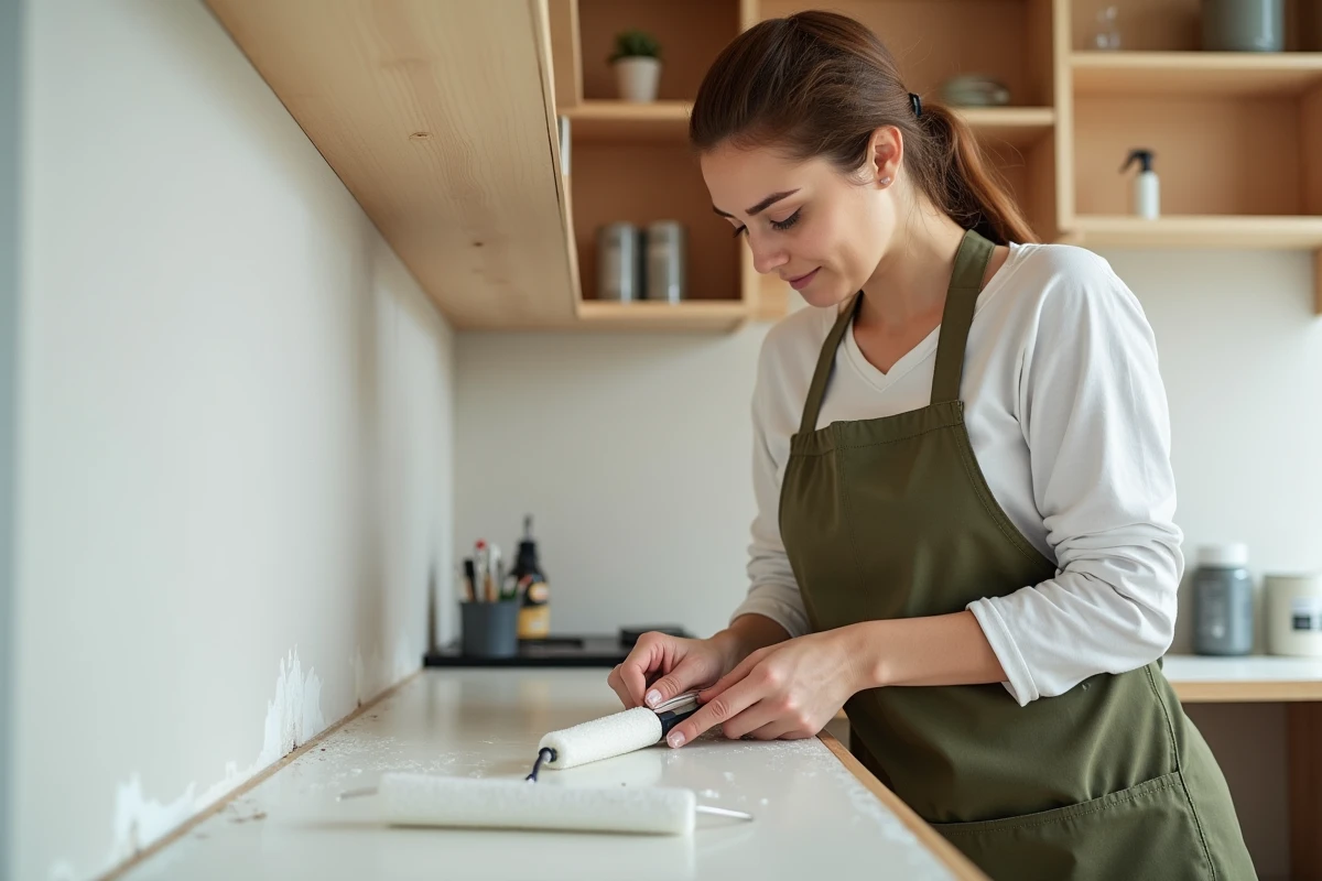Femme lissant un joint acrylique du bout du doigt entre une étagère en bois peinte et un mur en plâtre dans un atelier de bricolage