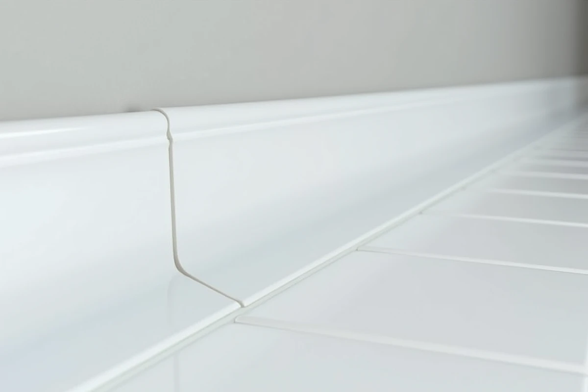 Gros plan sur un joint acrylique lisse entre une plinthe PVC peinte et un mur en plâtre dans une salle de bain rénovée