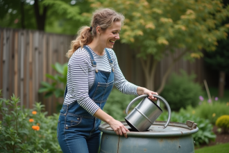 Femme en salopette en jean arrosant son jardin verdoyant