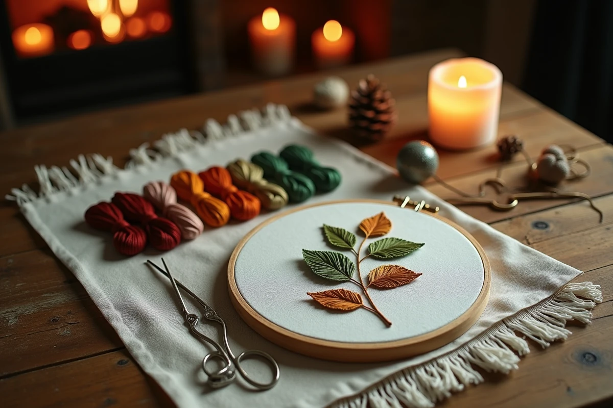 Kit de broderie pour débutant présenté en flat lay sur une table en bois avec fils colorés et cerceau à broder